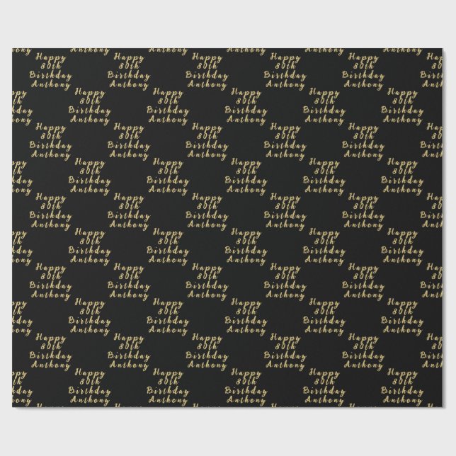 80th Birthday Party Name Black Modern Pattern Wrapping Paper (Flat)