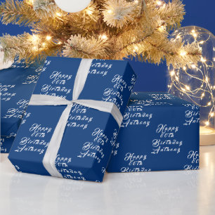 80th Birthday Party Name Blue Modern Pattern Wrapping Paper