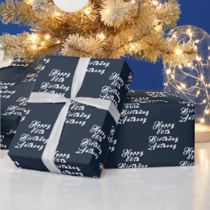 80th Birthday Party Name Navy Blue Modern Pattern Wrapping Paper