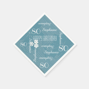 80th Birthday Party Name Pastel Blue Floral Paper Napkin