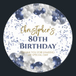 80th Birthday Party Navy Balloons Classic Round Sticker<br><div class="desc">A gorgeous 80th birthday party or celebration favour sticker. This fabulous navy blue and silver balloons design is the perfect  way to decorate your favour bags for an 80th celebration or eightieth party.</div>