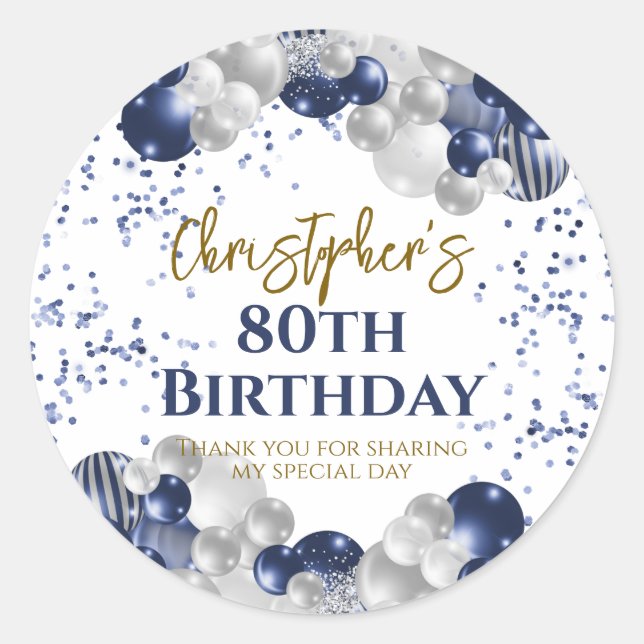 80th Birthday Party Navy Balloons Classic Round Sticker (Front)