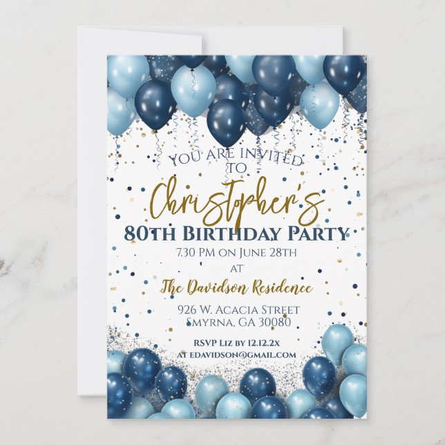 80th Birthday Party Navy Balloons Invitation (Front)