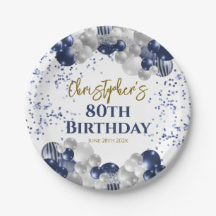 80th Birthday Party Navy Balloons Paper Plate