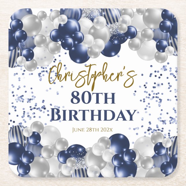 80th Birthday Party Navy Balloons Square Paper Coaster (Front)