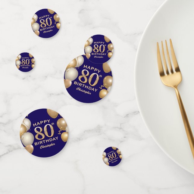 80th Birthday Party Navy Blue and Gold Balloons Confetti (Group)