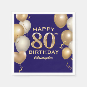 80th Birthday Party Navy Blue and Gold Balloons Napkin