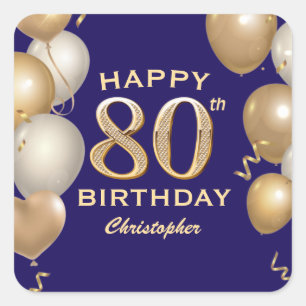 80th Birthday Party Navy Blue and Gold Balloons Square Sticker
