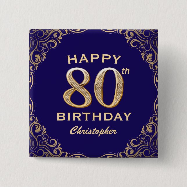 80th Birthday Party Navy Blue and Gold Glitter 15 Cm Square Badge (Front)