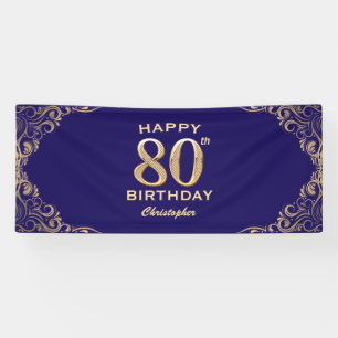 80th Birthday Party Navy Blue and Gold Glitter Banner