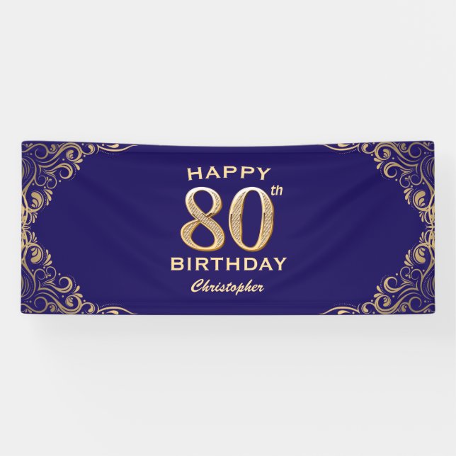 80th Birthday Party Navy Blue and Gold Glitter Banner (Horizontal)