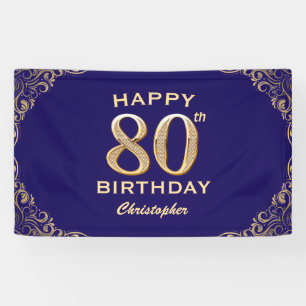 80th Birthday Party Navy Blue and Gold Glitter Banner