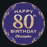 80th Birthday Party Navy Blue and Gold Glitter Classic Round Sticker<br><div class="desc">80th Birthday Party Navy Blue and Gold Glitter Frame Sticker. For further customisation,  please click the "Customise it" button and use our design tool to modify this template.</div>
