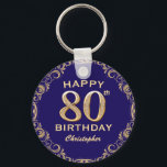 80th Birthday Party Navy Blue and Gold Glitter Key Ring<br><div class="desc">80th Birthday Party Navy Blue and Gold Glitter Frame Keychain. For further customisation,  please click the "Customise it" button and use our design tool to modify this template.</div>