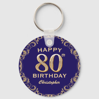 80th Birthday Party Navy Blue and Gold Glitter Key Ring