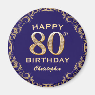 80th Birthday Party Navy Blue and Gold Glitter Magnet
