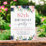 80th Birthday Party Navy Blue Blush Pink Floral Invitation<br><div class="desc">Navy Blue and Blush Pink Floral Flowers and Greenery Watercolor 80th (eightieth)  Birthday Party Invitations include beautiful and elegant script typography with modern botanical blush pink flowers and Navy Blue for the special turning eighty birthday celebration.</div>