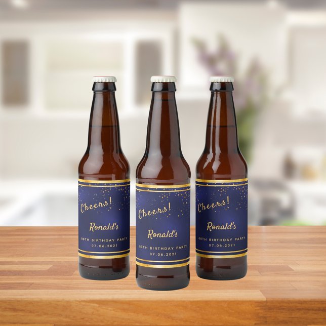 80th Birthday party navy blue gold cheers Beer Bottle Label (Creator Uploaded)