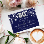 80th birthday party navy blue white stars  save the date<br><div class="desc">A trendy Save the Date for a 80th birthday party. A navy blue coloured background. Decorated with white stars. The text: Save the Date is written with a large trendy hand lettered style script. Number 80 is written with a balloon style font.</div>