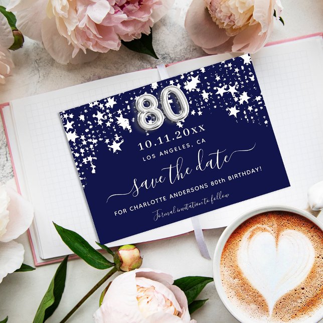  80th birthday party navy blue white stars  save the date (Creator Uploaded)