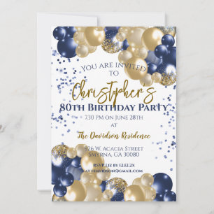 80th Birthday Party Navy Gold Balloons Invitation