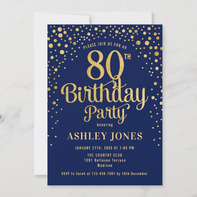 80th Birthday Party - Navy & Gold Invitation (Front)
