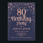 80th Birthday Party - Navy & Rose Gold Invitation<br><div class="desc">80th Birthday Party Invitation.
Elegant design in navy blue and faux glitter rose gold. Features stylish script font and confetti. Message me if you need custom age.</div>