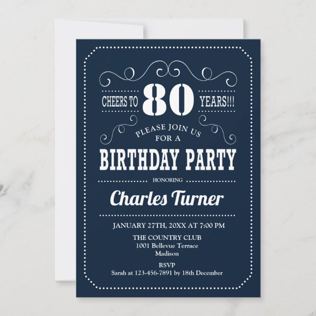 80th Birthday Party - Navy White Invitation (Front)