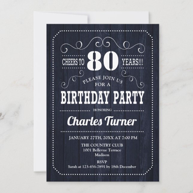 80th Birthday Party - Navy Wood Pattern Invitation (Front)