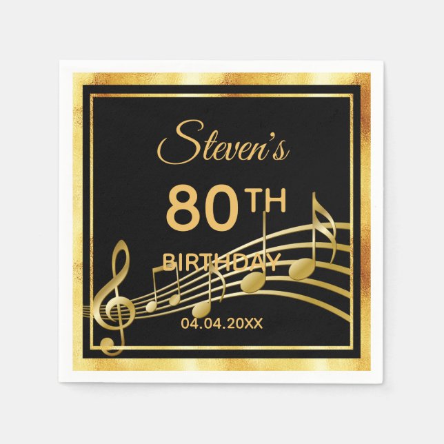 80th birthday party on classic black gold music napkin (Front)