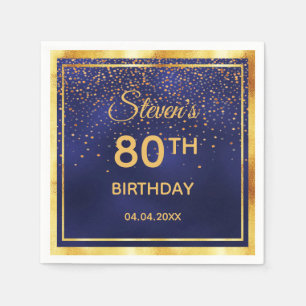 80th birthday party on midnight blue gold confetti napkin