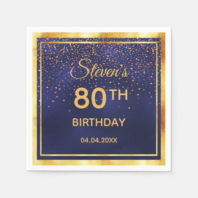80th birthday party on midnight blue gold confetti napkin (Front)