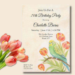 80th Birthday Party Parakeet with Tulips  Invitation