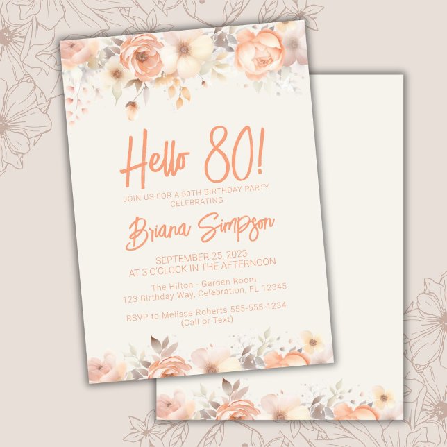 80th Birthday Party Peach Beige Ivory Floral Invitation (Creator Uploaded)
