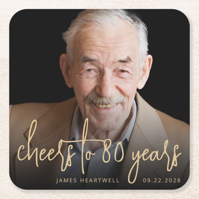 80th Birthday Party Photo Cheers Gold Script Square Paper Coaster (Front)