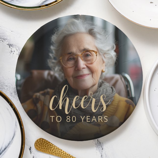 80th Birthday Party Photo Cheers Paper Plate (Creator Uploaded)