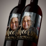 80th Birthday Party Photo Cheers Wine Label<br><div class="desc">This custom 80th birthday wine label features the guest of honour's personalised photo,  name,  and birthday,  along with the word "Cheers" in elegant gold-coloured calligraphy script. A dark screen helps make the text pop. A great way to celebrate someone who's turning eighty!</div>
