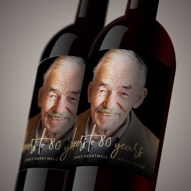 80th Birthday Party Photo Cheers Wine Label (Creator Uploaded)