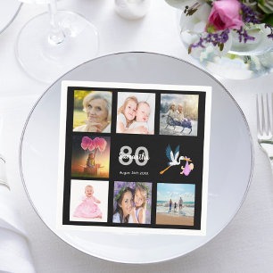 80th birthday party photo collage black napkin