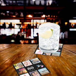 80th birthday party photo collage black square paper coaster