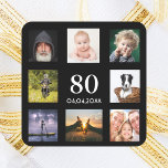 80th birthday party photo collage guy black square sticker<br><div class="desc">A sticker for a 80th birthday party for a guy,  celebrating his life with a collage of 8 of your own photos.  Templates for the age 80 and a date.  Date of birth or the date of the party.  White coloured letters.  Black background.</div>