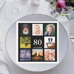 80th birthday party photo collage guys black napkin<br><div class="desc">A paper napkin for a 80th birthday party for a guy,  celebrating his life with a collage of 8 of your own photos.  Templates for the age 80 and a date.  Date of birth or the date of the party.  White coloured letters.  Black background.</div>