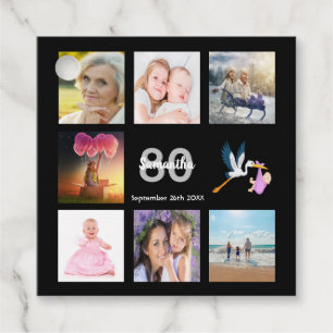 80th birthday party photo collage thank you black favour tags