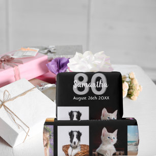 80th birthday party photo collage woman black wrapping paper