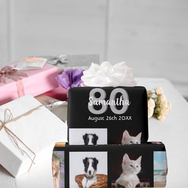 80th birthday party photo collage woman black wrapping paper (Creator Uploaded)