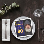 80th birthday party photo gold balloons blue napkin<br><div class="desc">A napkin for guys 80th birthday party. Template for your photo.  Dark blue background and the tex: Cheers to 80.  The text is written with a trendy faux gold balloon script. The dark blue colour is uneven.  With golden confetti as decor.</div>
