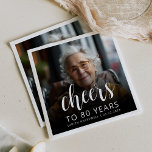 80th Birthday Party Photo White Script Cheers Napkin<br><div class="desc">This custom 80th birthday napkin features the guest of honour's personalised photo,  name,  and birthday,  along with the word "Cheers" in elegant white calligraphy script. A dark screen helps make the text pop. A great way to celebrate someone who's turning eighty!</div>