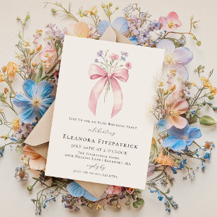 80th Birthday Party Pink Coquette Bow Wildflower Invitation
