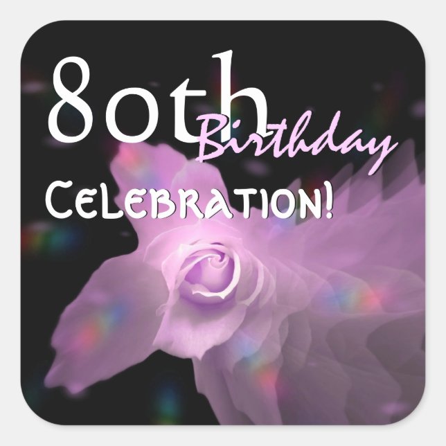 80th Birthday Party Pink Dancing Butterfly Rose Square Sticker (Front)