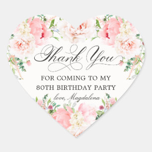 80th Birthday Party Pink Floral Thank You Favour Heart Sticker